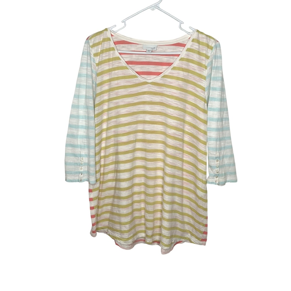 J. Jill V-neck Cotton Tunic‎ 3/4 Sleeve Pastel Stripe Large Preppy Spring Casual